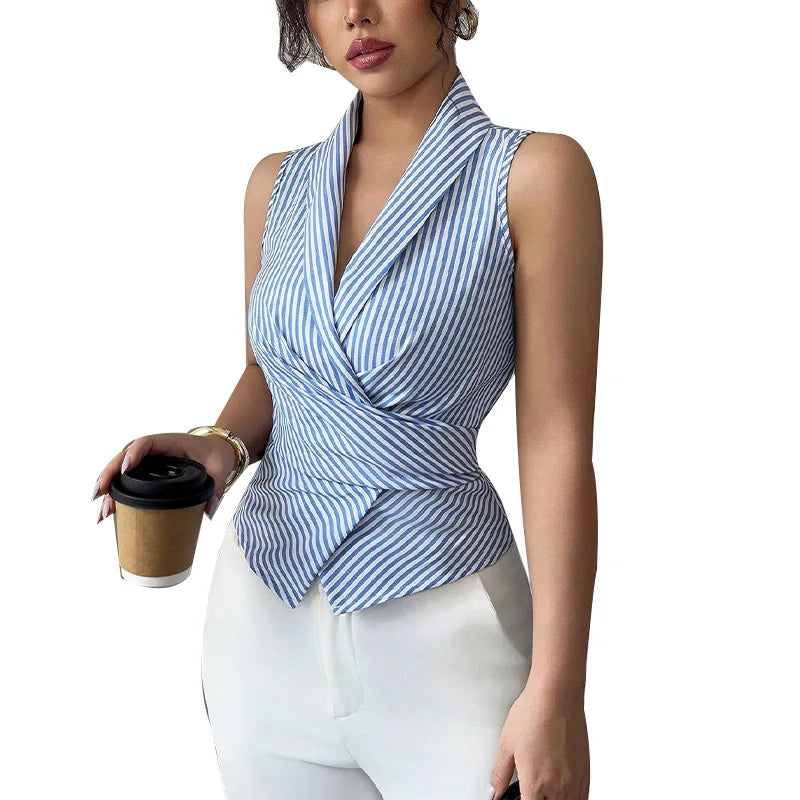 Blue Striped Sleeveless Shirt 2025 Summer New Fashion Casual Strap Waist Slimming Vest Sleeveless Shirt