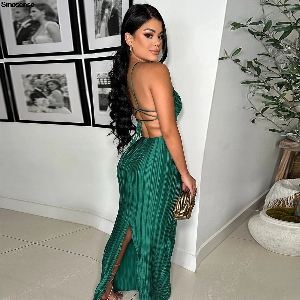 Women Elegant Evening Cockktail Party Maxi Dress Sexy Backless Lace Up Back Slit Pleated Dress Long Formal Wedding Guestt Dress