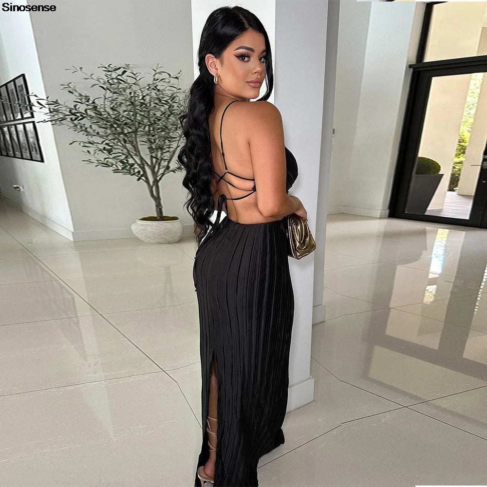 Women Elegant Evening Cockktail Party Maxi Dress Sexy Backless Lace Up Back Slit Pleated Dress Long Formal Wedding Guestt Dress