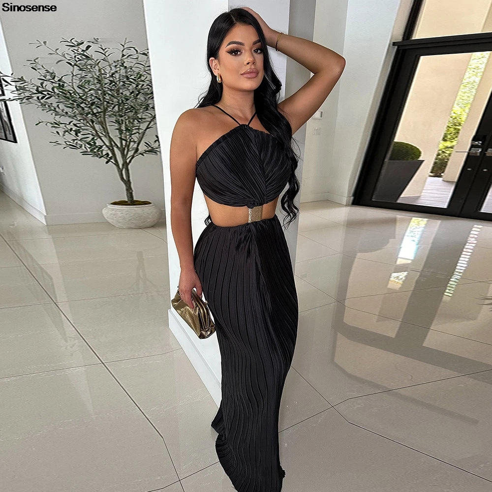 Women Elegant Evening Cockktail Party Maxi Dress Sexy Backless Lace Up Back Slit Pleated Dress Long Formal Wedding Guestt Dress