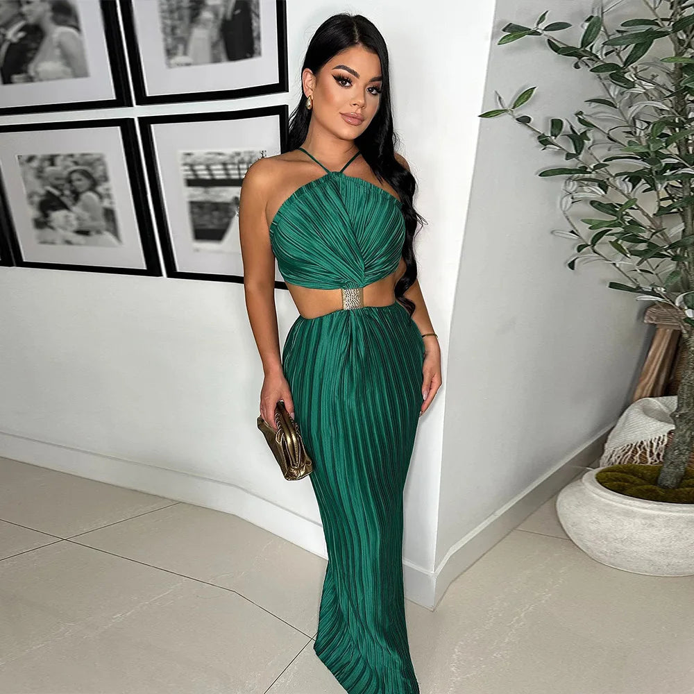Women Elegant Evening Cockktail Party Maxi Dress Sexy Backless Lace Up Back Slit Pleated Dress Long Formal Wedding Guestt Dress