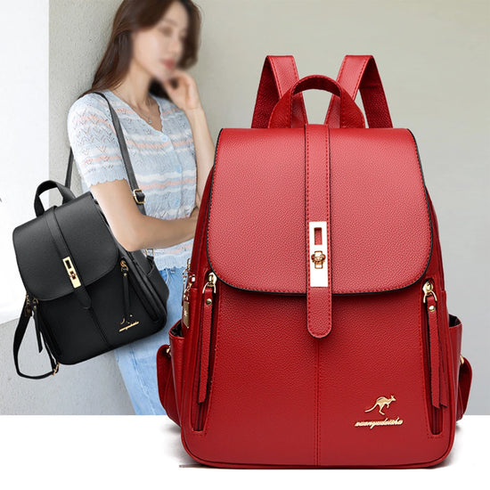 Fashion Kangaroo Logo Backpack - Shiny PU Women Bag with Detachable Straps Large Capacity Zip handbag for Work/School/Shopping