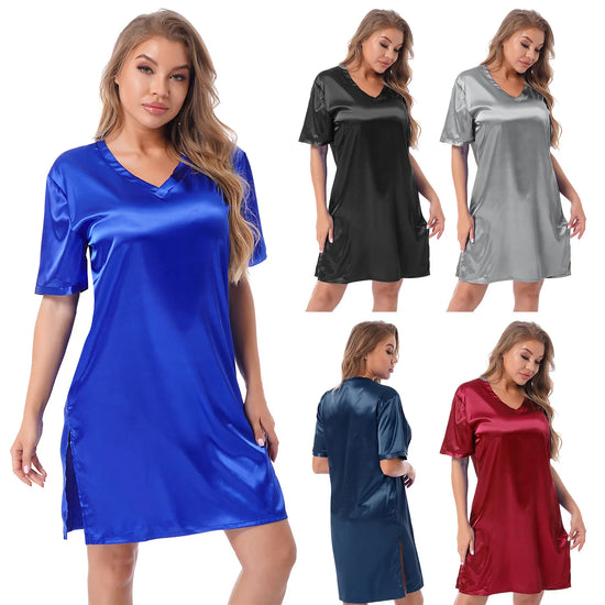 Womens Sleepwear Dresses Satin Nightgown Short Sleeve Nightdress Nightwear Loungewear Sides Split Underwear Robe Sleepshirts