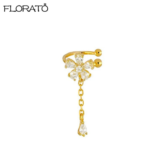 1PCS 18K Gold Earings Clip on Earrings for Women Cute Flower-Shaped Ear Cuff Gold Silver Chain Ear Cuff Without Piercing