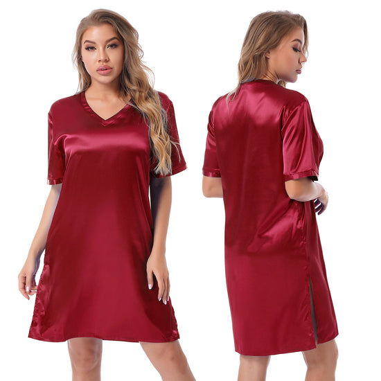 Womens Sleepwear Dresses Satin Nightgown Short Sleeve Nightdress Nightwear Loungewear Sides Split Underwear Robe Sleepshirts