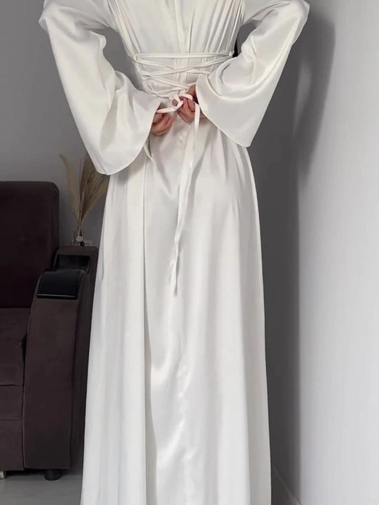 New in Summer Dress Women Fashion Solid Color Satin Dress Women High Neck Long Sleeve High Waist Tie Up Elegant Slim Maxi Dress