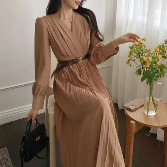 Korean Solid V-Neck Long Sleeve Shirt Dress Women Autumn New Fashion Vacation Waist Hundred Folds Sashes Office Lady Midi Dress