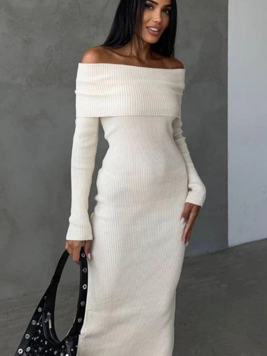 Ladies Knitwear Maxi Dress Fashion Knit Long Dress Off-Shoulder Female Ribbed Loose High Waist Elegant Autumn Party Dress