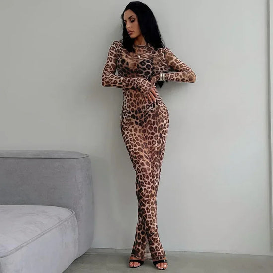 Leopard Print Mesh See Through Sexy Party Club Maxi Dress Outfits Women Autumn Winter Long Sleeve Y2K Streetwear Dress Vestido